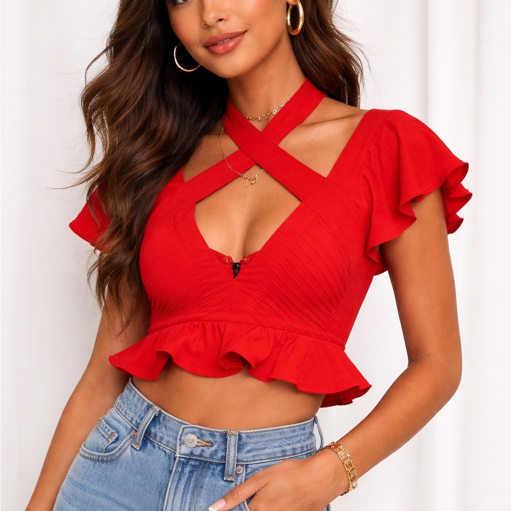 Nasty Gal Red Cross-Front Ruffle Crop Top